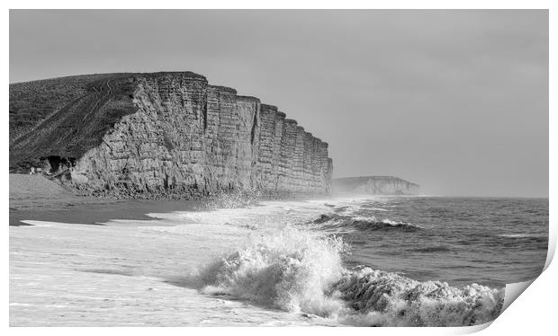 West Bay's East Cliff in monochrome.  Print by Mark Godden