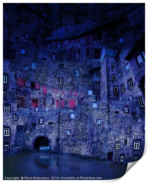 Castle Courtyard Blue Print by Florin Birjoveanu