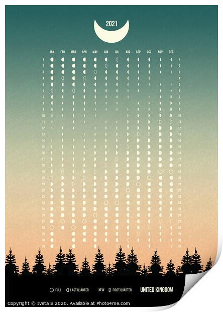 Moon Phases Calendar 2021 Print by Iveta S