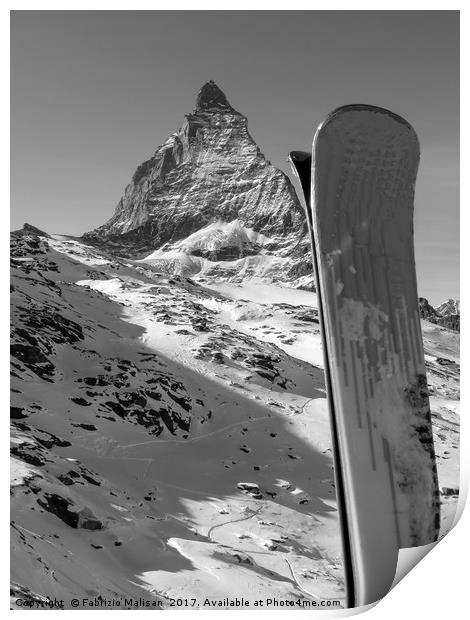Ski Matterhorn Zermatt mountain peak in black and  Print by Fabrizio Malisan
