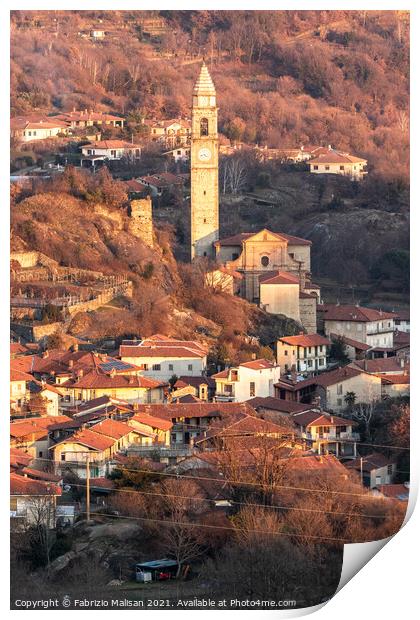 Afternoon sunlight over the village town and churc Print by Fabrizio Malisan