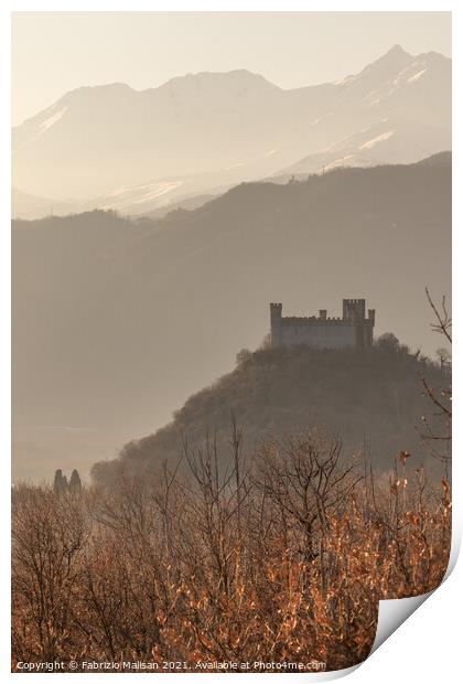 The Castle on the hill winter sunset Montalto Dora in Piedmont Italy Print by Fabrizio Malisan