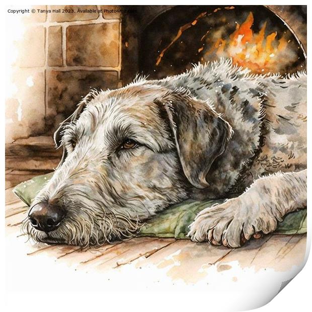 Irish Wolfhound Warming by the Hearth Print by Tanya Hall