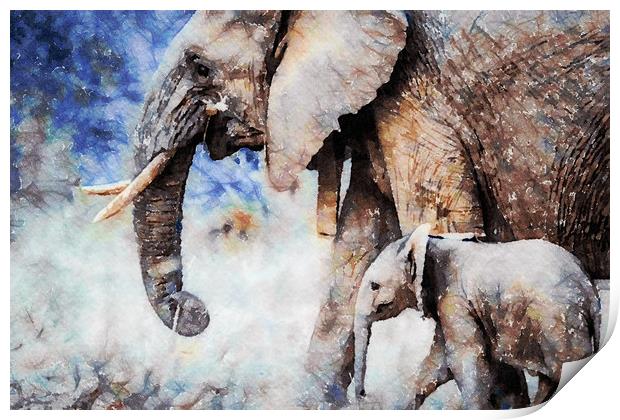Elephant and Calf, Print Print by Tanya Hall