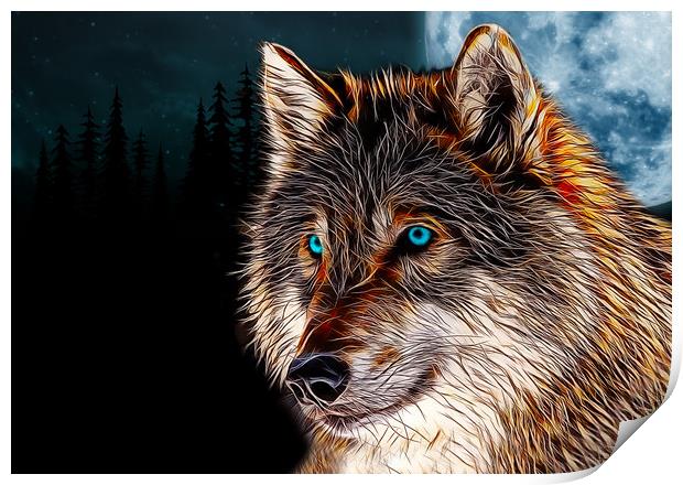 Fractal flame wolf head with moon behind, digital  Print by Tanya Hall