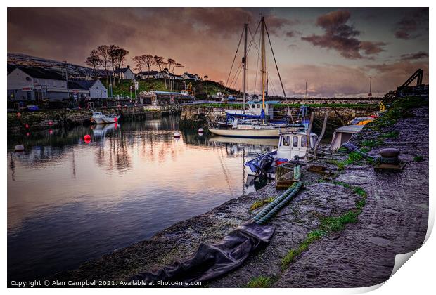 End Of The Line At Carnlough Harbour Print by Alan Campbell