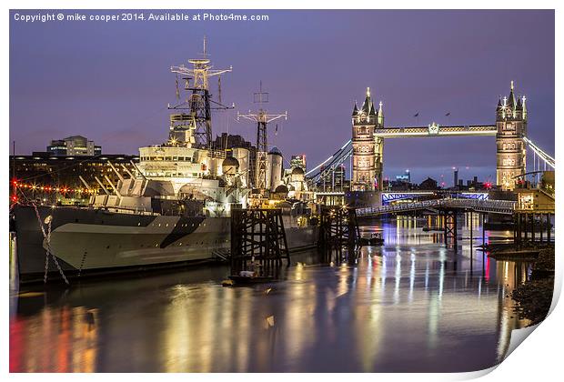  hms Belfast at anchor on the Thames Print by mike cooper