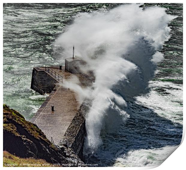 Storm Francis hits Mullion Harbour Wall Print by Philip Hodges aFIAP ,