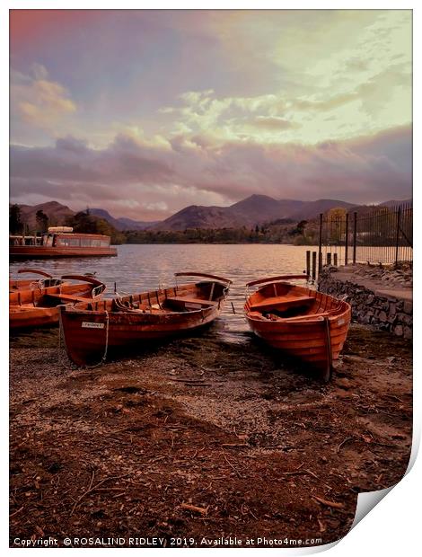 Evening light on Derwentwater boats Print by ROS RIDLEY