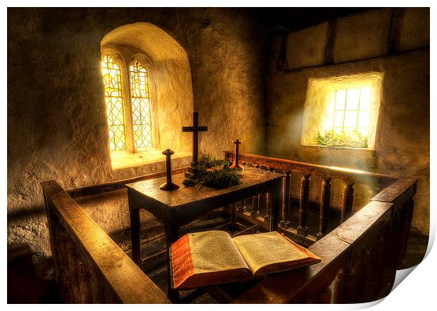  A bible at the altar at Llanrhychwyn Church Print by Mal Bray