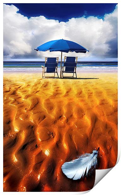  Deckchairs and Parasol on a Beach Print by Mal Bray