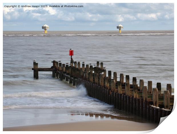 Lowestoft beach view to show offshore nest places. Print by Andrew Heaps