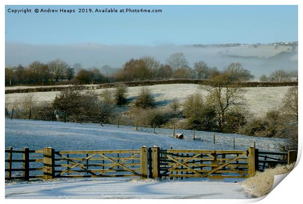 Snowy land scape  looking towards Mow cop castle  Print by Andrew Heaps