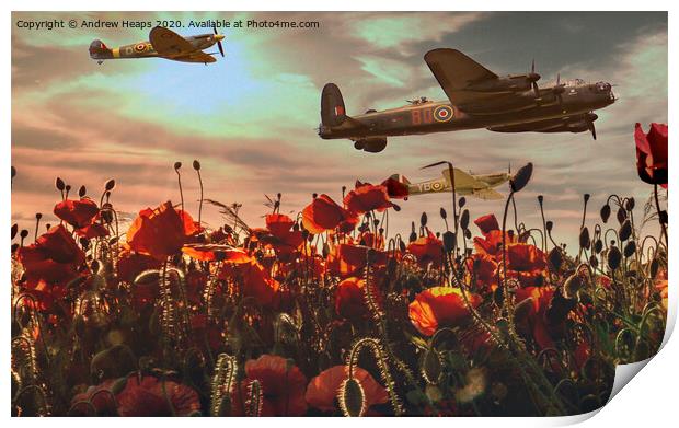 Wartime flight over poppies Spitfire & Lancaster b Print by Andrew Heaps