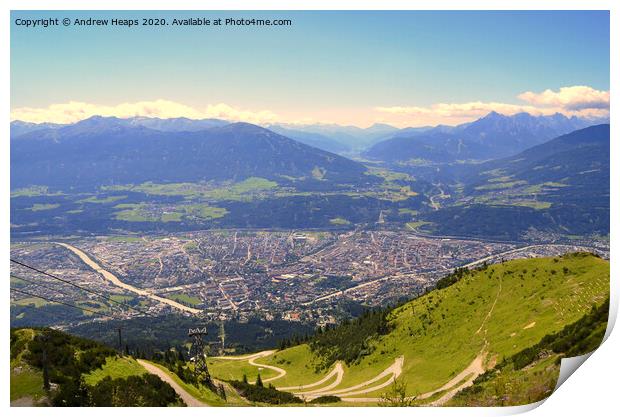 Austrian mountain scene looking down over Salzburg Print by Andrew Heaps