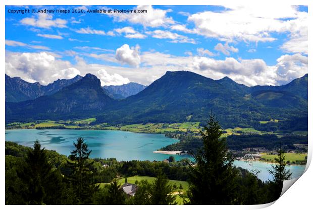 Austrian mountain range including lake Achensee. Print by Andrew Heaps