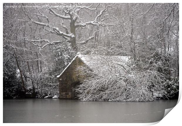 Winter scene boat house at Biddulph Grange Country Print by Andrew Heaps