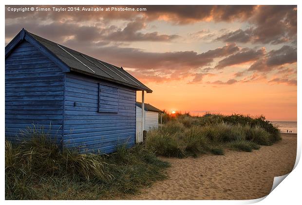 Beach hut sunset in the dunes Print by Simon Taylor
