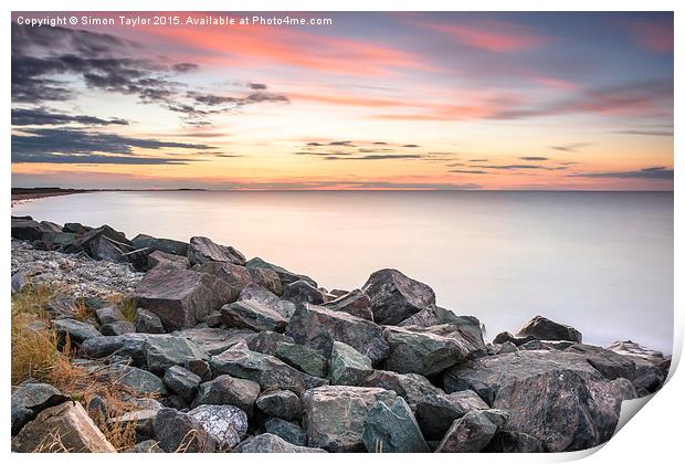  Brancaster sunset on the rocks, Norfolk Print by Simon Taylor