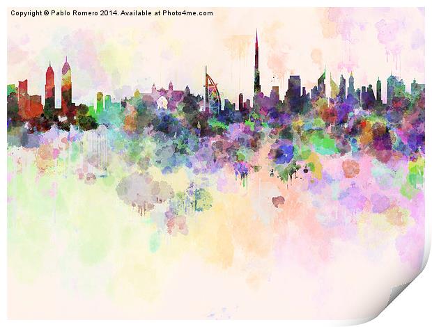 Dubai skyline in watercolor background Print by Pablo Romero