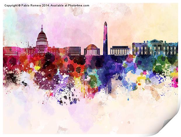 Washington DC skyline in watercolor background  Print by Pablo Romero
