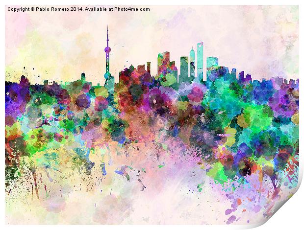 Shanghai skyline in watercolor background Print by Pablo Romero