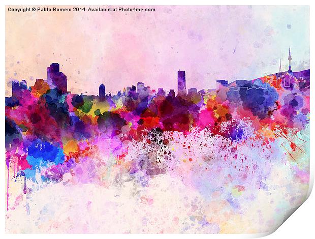 Seoul skyline in watercolor background Print by Pablo Romero