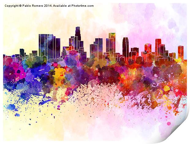 Los Angeles skyline in watercolor background Print by Pablo Romero