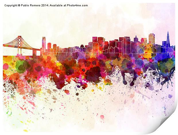 San Francisco skyline in watercolor background Print by Pablo Romero