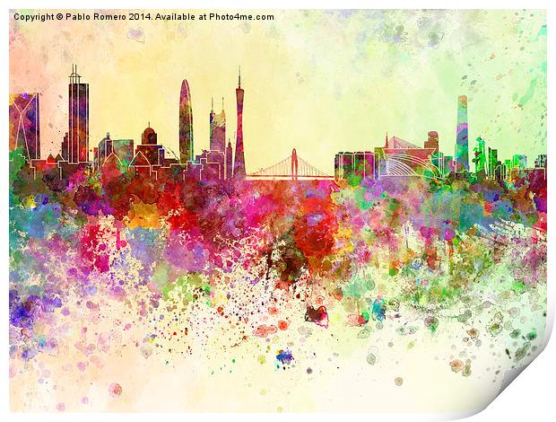 Guangzhou skyline in watercolor background Print by Pablo Romero