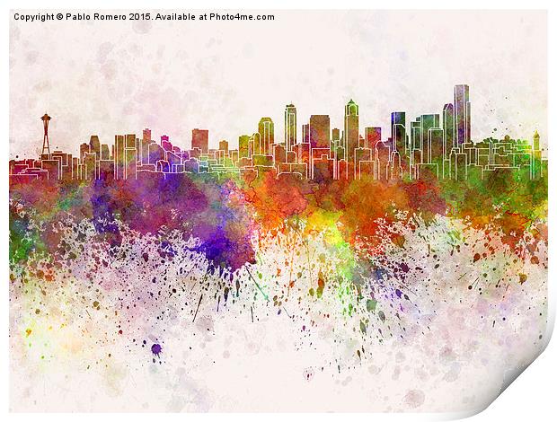 Seattle skyline in watercolor background Print by Pablo Romero