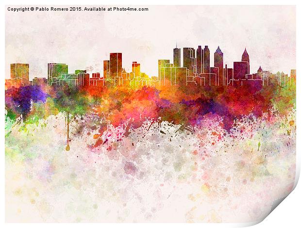 Atlanta skyline in watercolor background Print by Pablo Romero