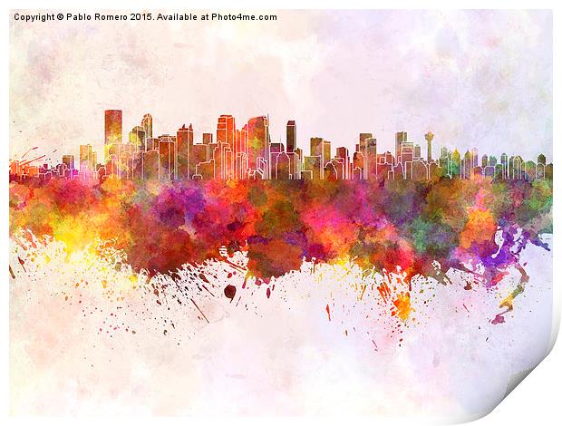 Calgary skyline in watercolor background Print by Pablo Romero