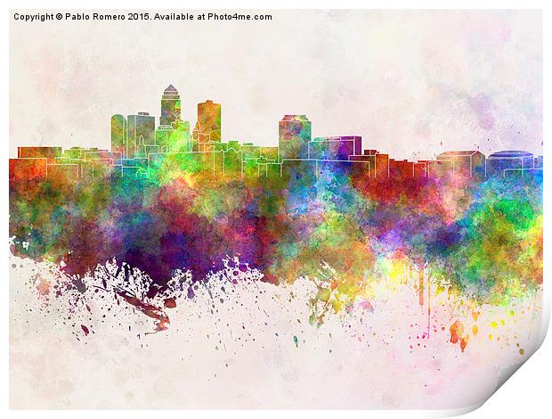 Des Moines skyline in watercolor background Print by Pablo Romero