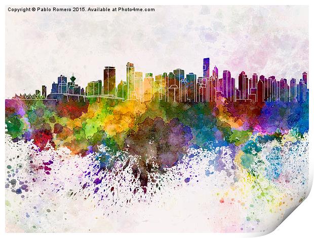 Vancouver skyline in watercolor background Print by Pablo Romero