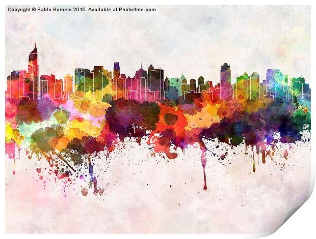Jakarta skyline in watercolor background Print by Pablo Romero