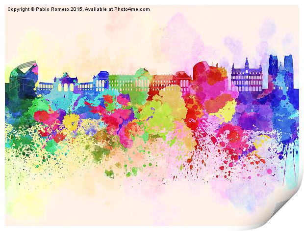 Brussels skyline in watercolor background Print by Pablo Romero