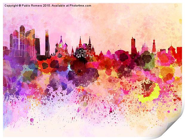 Moscow skyline in watercolor background Print by Pablo Romero
