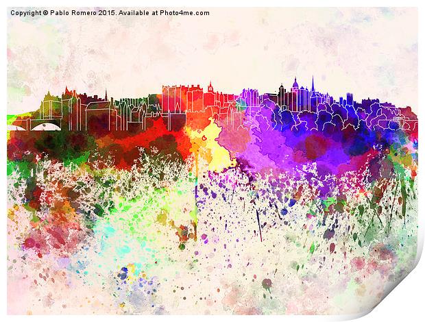 Edinburgh skyline in watercolor background Print by Pablo Romero