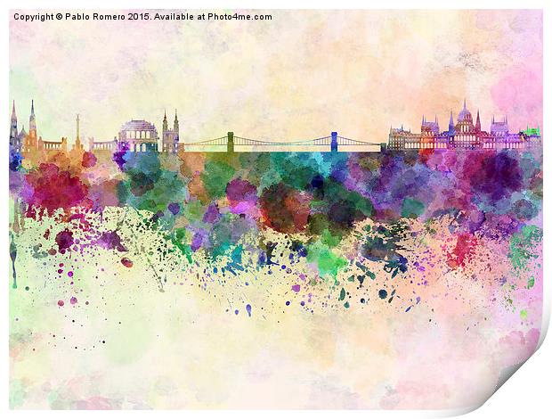 Budapest skyline in watercolor background Print by Pablo Romero