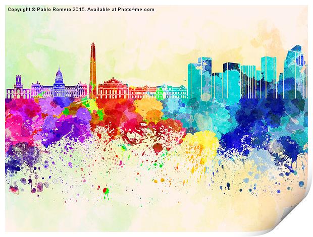 Buenos Aires skyline in watercolor background Print by Pablo Romero