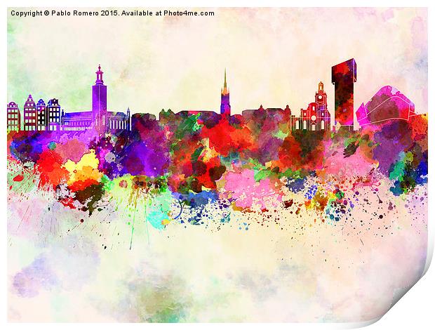 Stockholm skyline in watercolor background Print by Pablo Romero