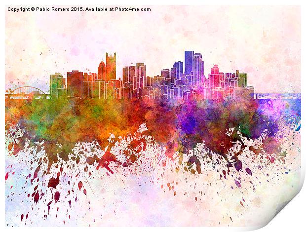 Pittsburgh skyline in watercolor background Print by Pablo Romero