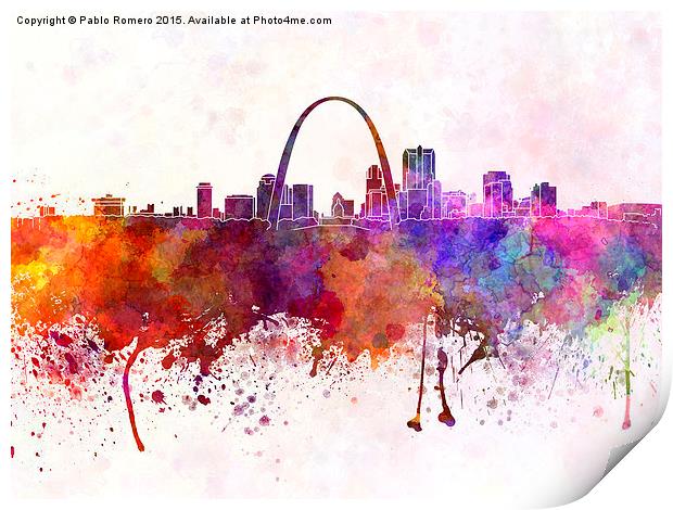 St Louis skyline in watercolor background Print by Pablo Romero