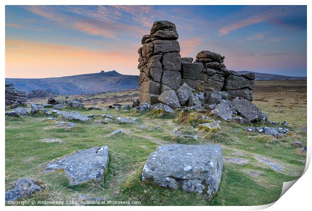 Rocks on Hound Tor at sunrise Print by Andrew Ray