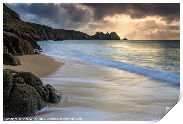 Shaft of light (Porthcurno Beach) Print by Andrew Ray