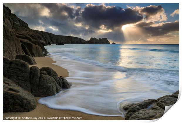 Light shafts at Porthcurno Print by Andrew Ray