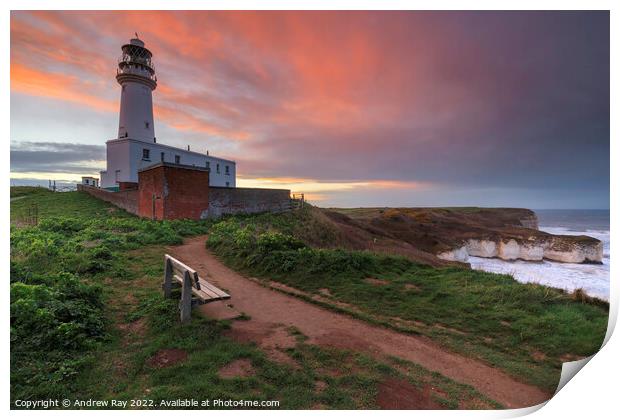 Flamborough Head Lighthouse at sunset Print by Andrew Ray