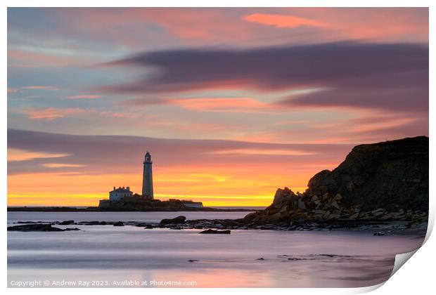 St Mary's Lighthouse at sunrise from Old Hartley Print by Andrew Ray
