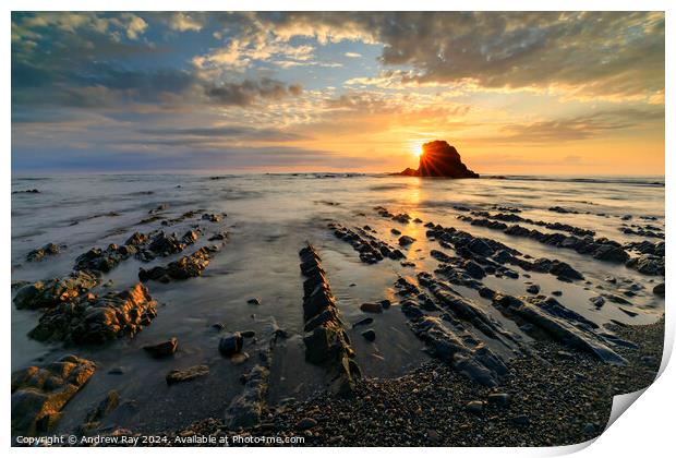 Setting sun at Widemouth Bay Print by Andrew Ray